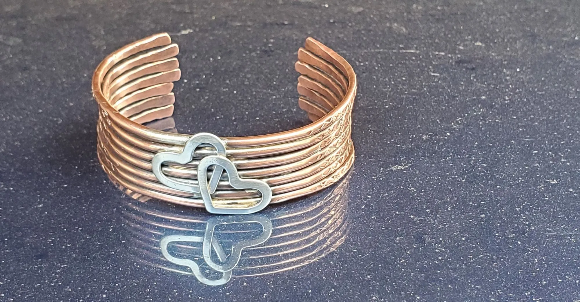 Handmade 7 Bangle Double Heart Copper Anniversary Cuff by Alexa Martha