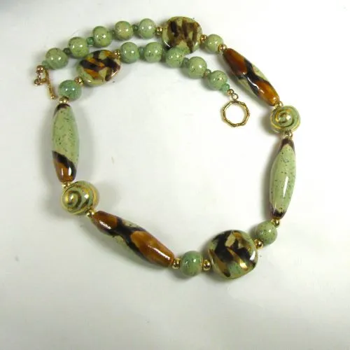 Kazuri  Necklace in Handmade Green and Gold Kazuri Beads