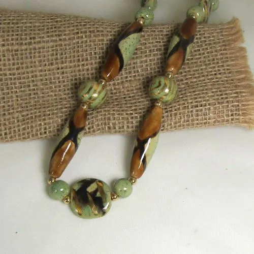 Kazuri  Necklace in Handmade Green and Gold Kazuri Beads