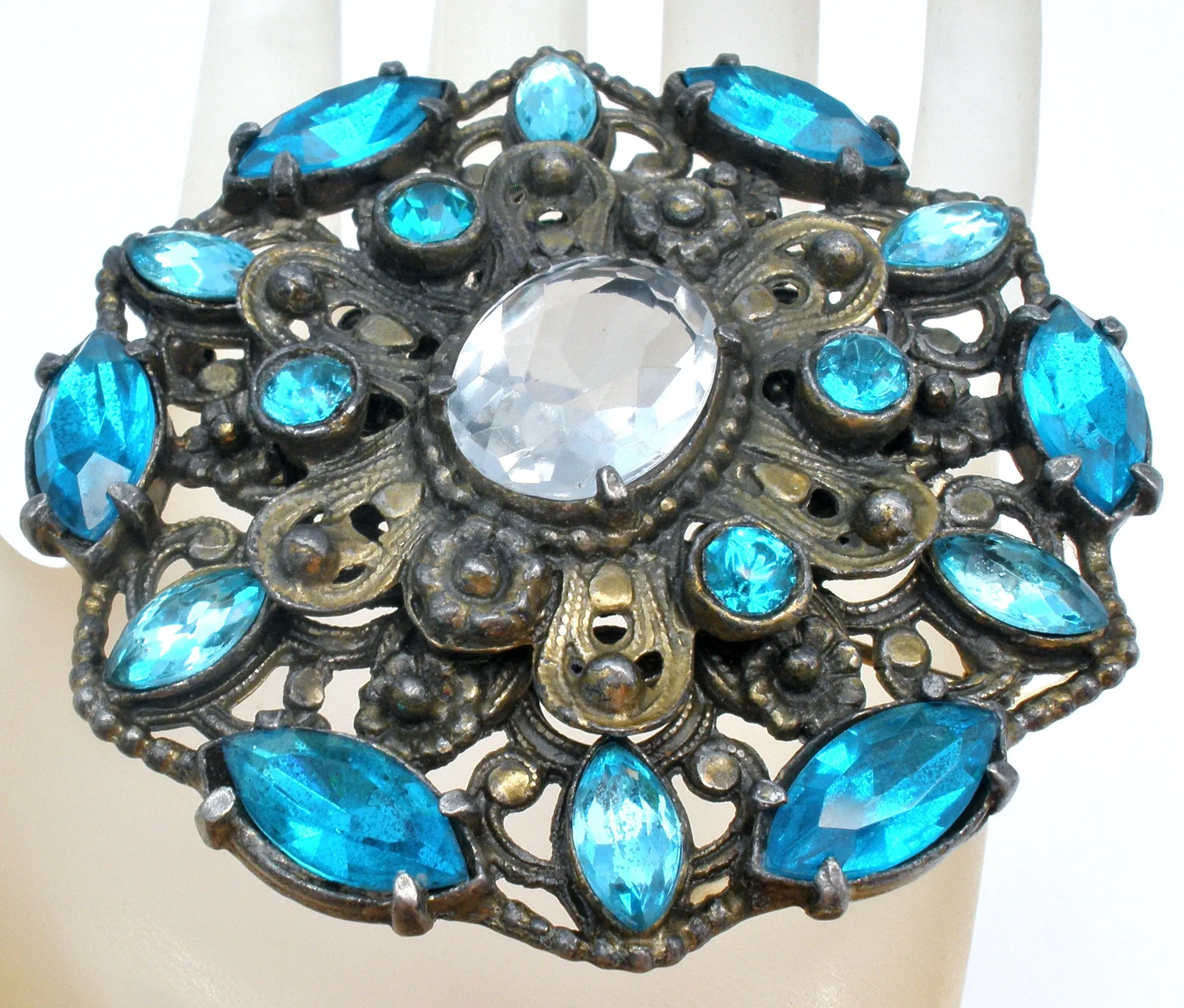 Large Blue Rhinestone Brooch Vintage