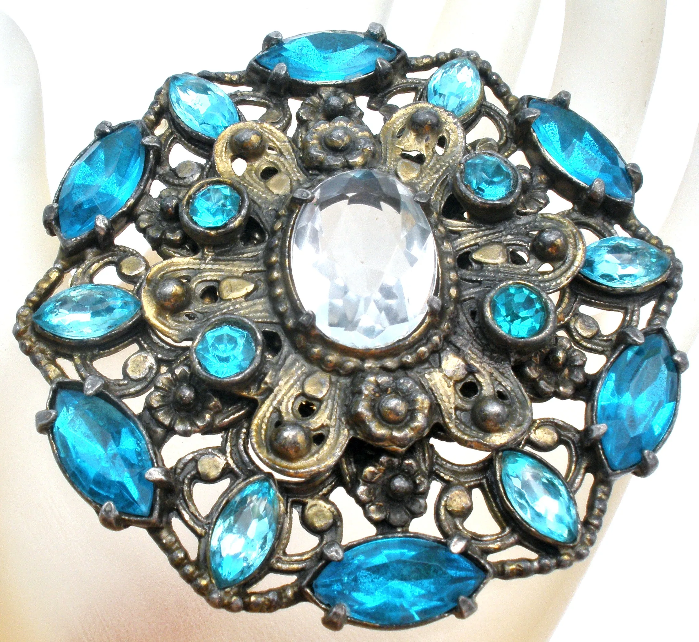 Large Blue Rhinestone Brooch Vintage