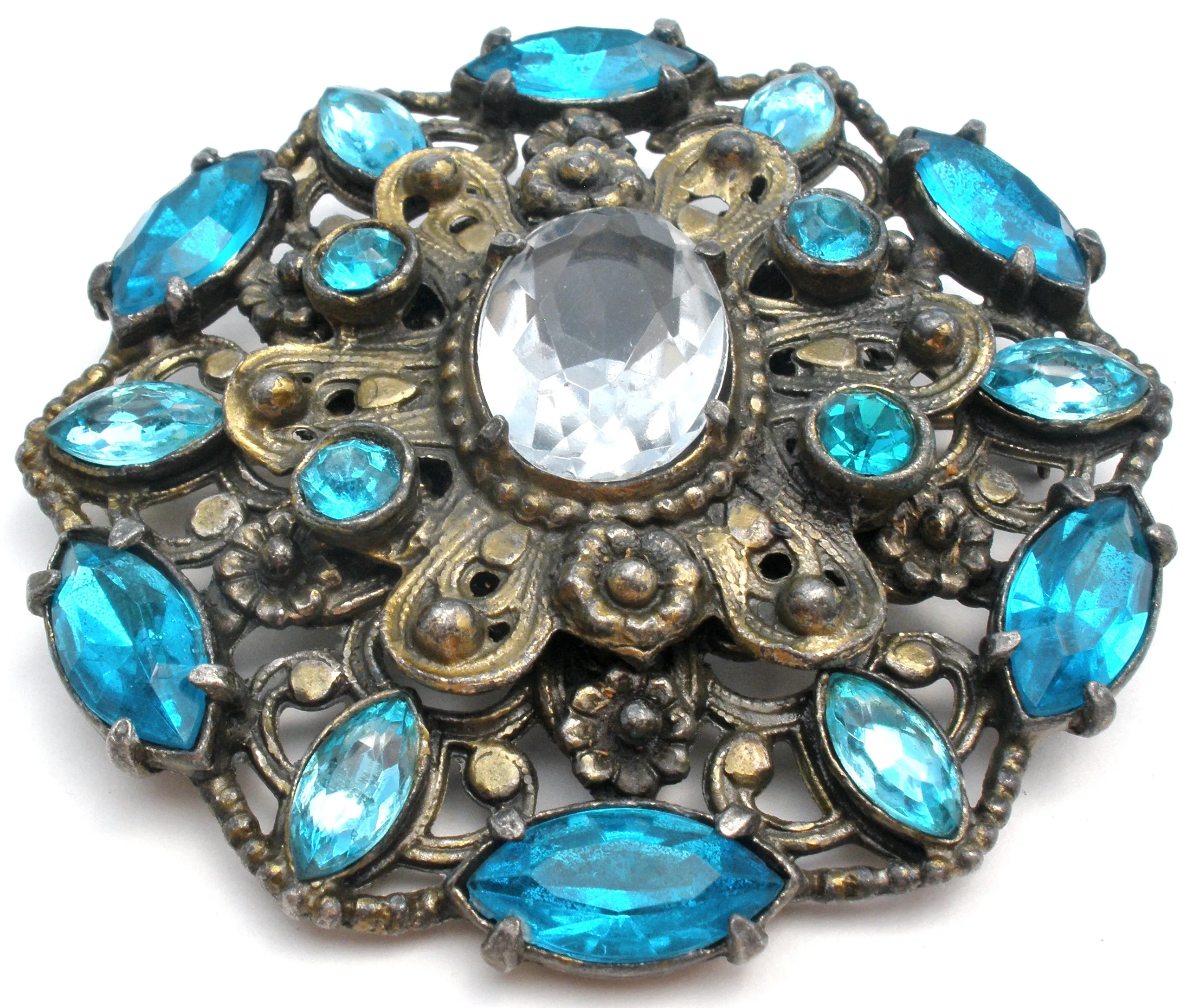 Large Blue Rhinestone Brooch Vintage