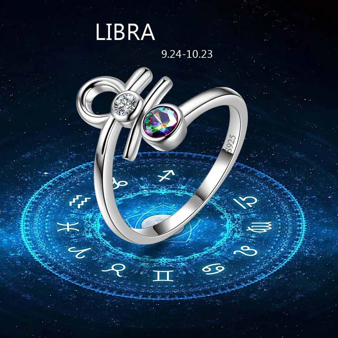 Libra Zodiac Rings Women Girls Jewelry Birthday Gift Mystic Topaz 925 Silver