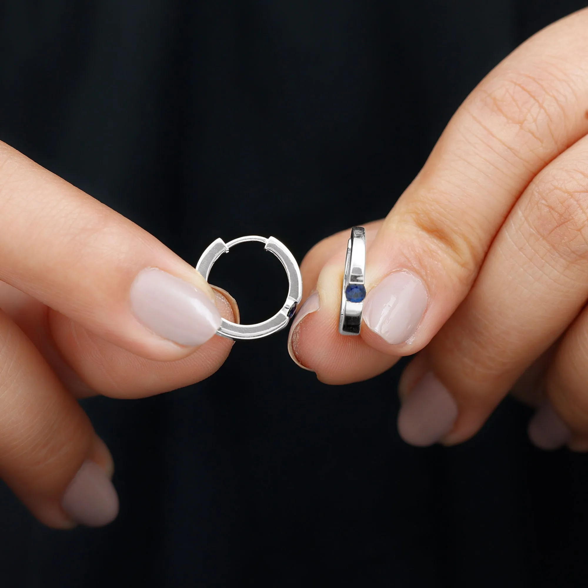 Minimal Blue Sapphire Hinged Hoop Earrings in Tension Mount Setting