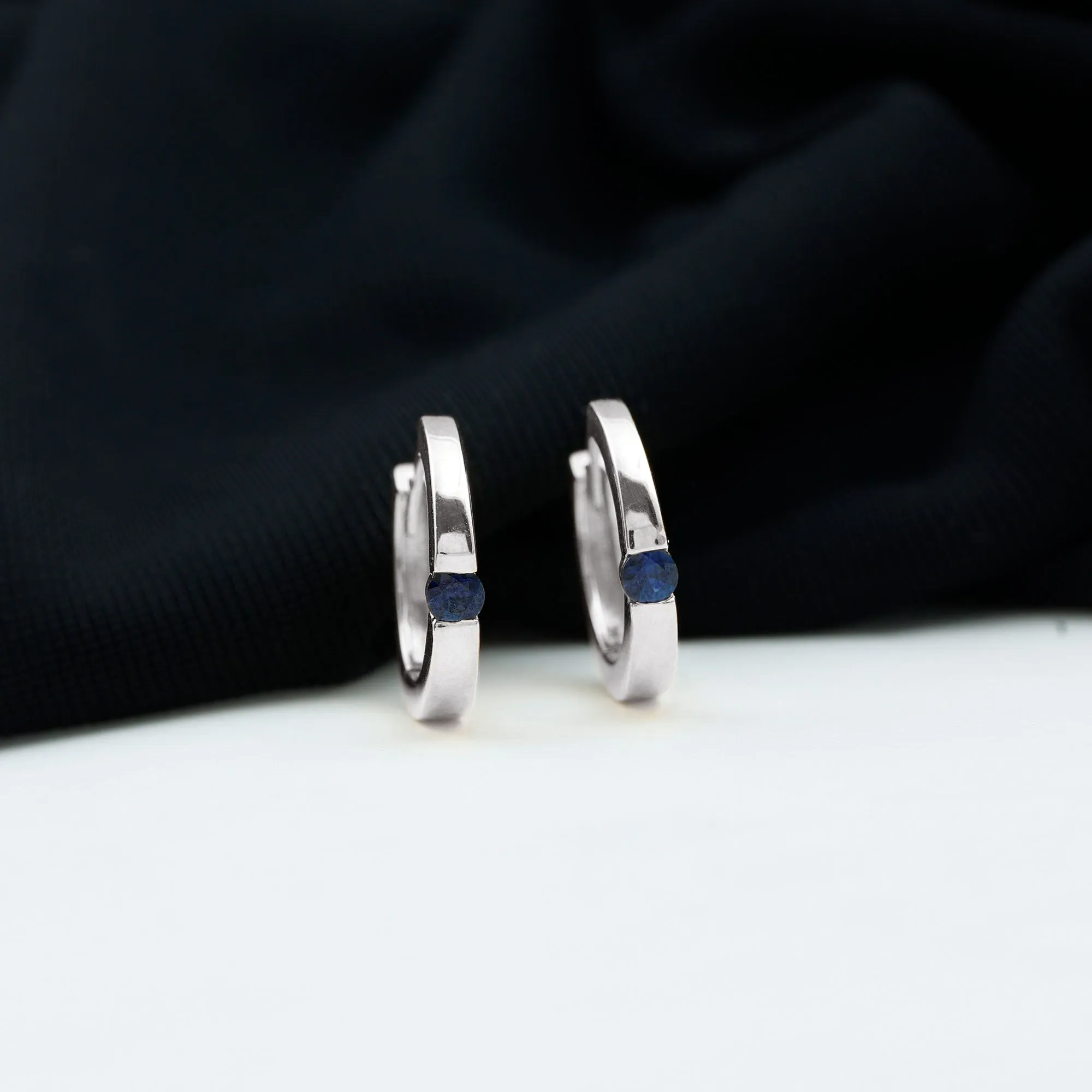 Minimal Blue Sapphire Hinged Hoop Earrings in Tension Mount Setting