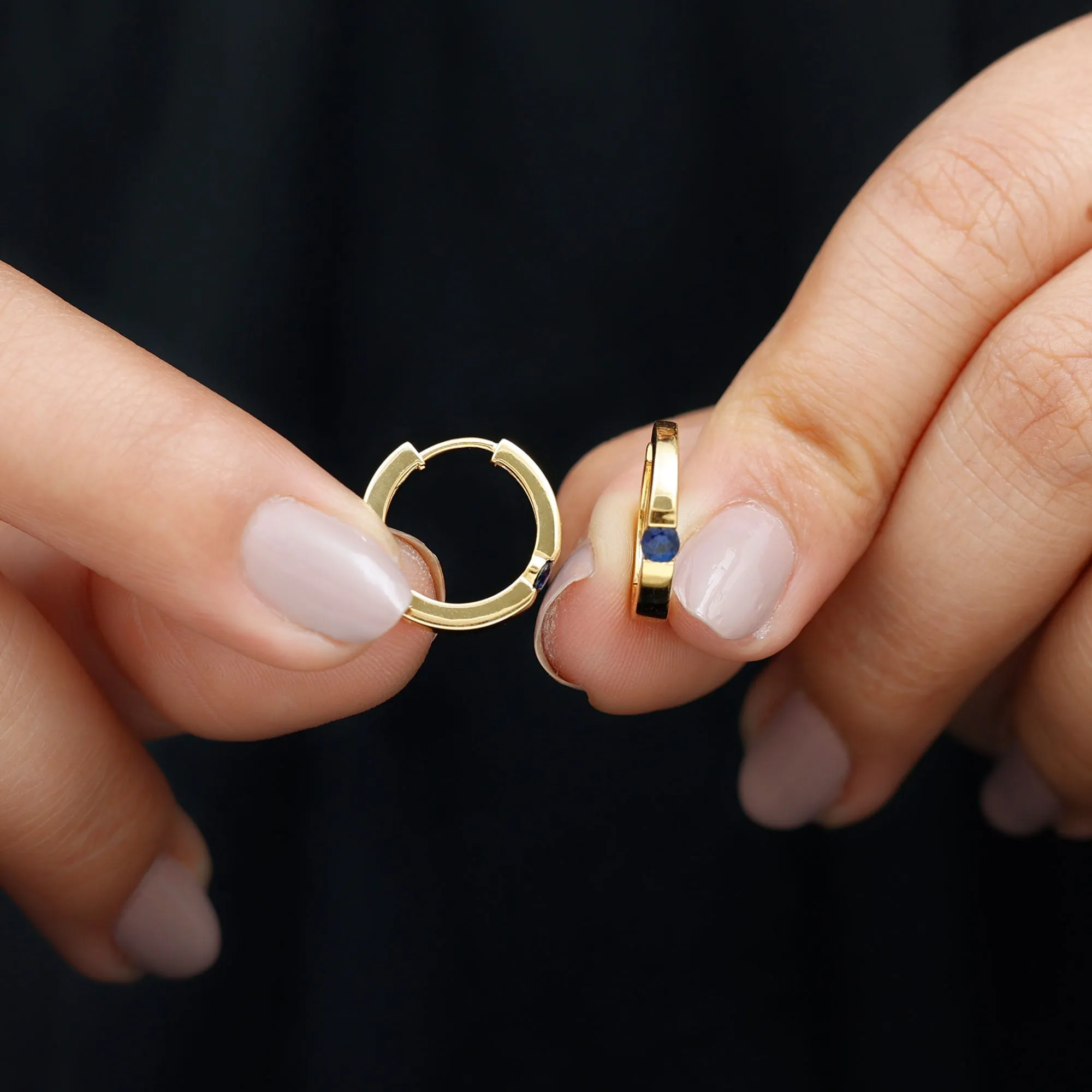 Minimal Blue Sapphire Hinged Hoop Earrings in Tension Mount Setting