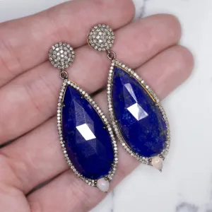 NATURAL LAPIS DIAMOND EARRINGS STATEMENT DROP DANGLE PEAR TEARDROP BLUE BIG LONG