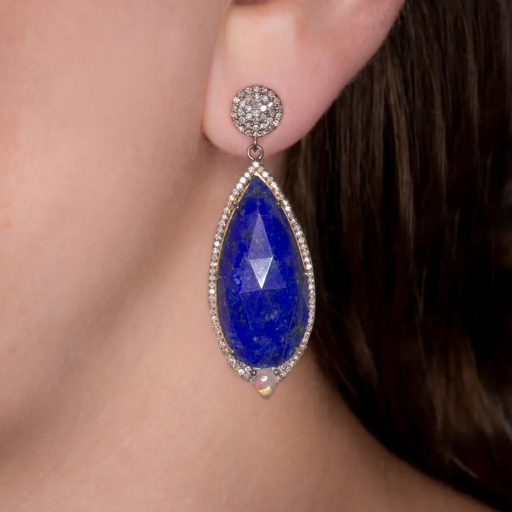 NATURAL LAPIS DIAMOND EARRINGS STATEMENT DROP DANGLE PEAR TEARDROP BLUE BIG LONG