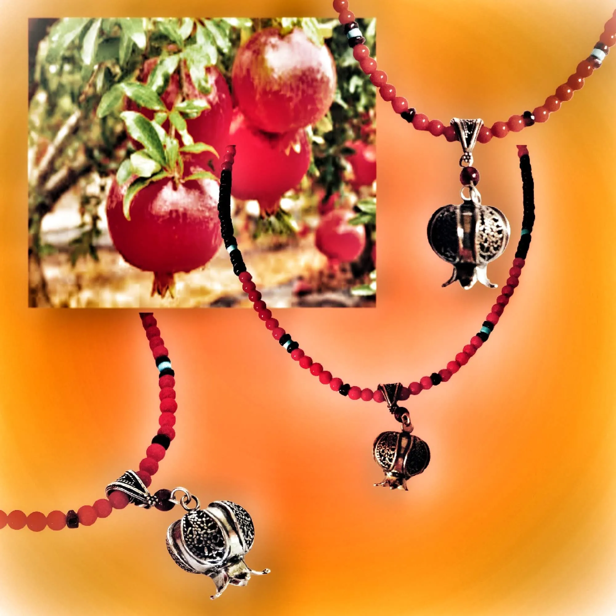 Necklace for woman. Amazing Sterling Silver Pomegranate Pendant set with a garnet.