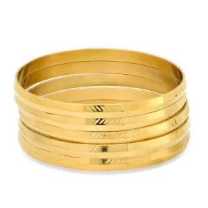 Nice Textured 5 Piece Set Shiny Metallic Style Gold Tone Steel Bangles