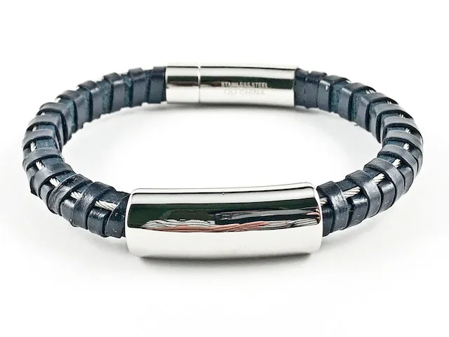 Nice Thick Shiny Bar Dark Blue Textured Leather Men Steel Bracelet