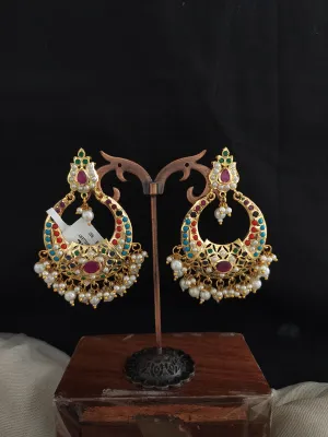 Nizami Chandbali Earrings in Navaratna, Red with Green, Pearls (White), Ruby, and Green