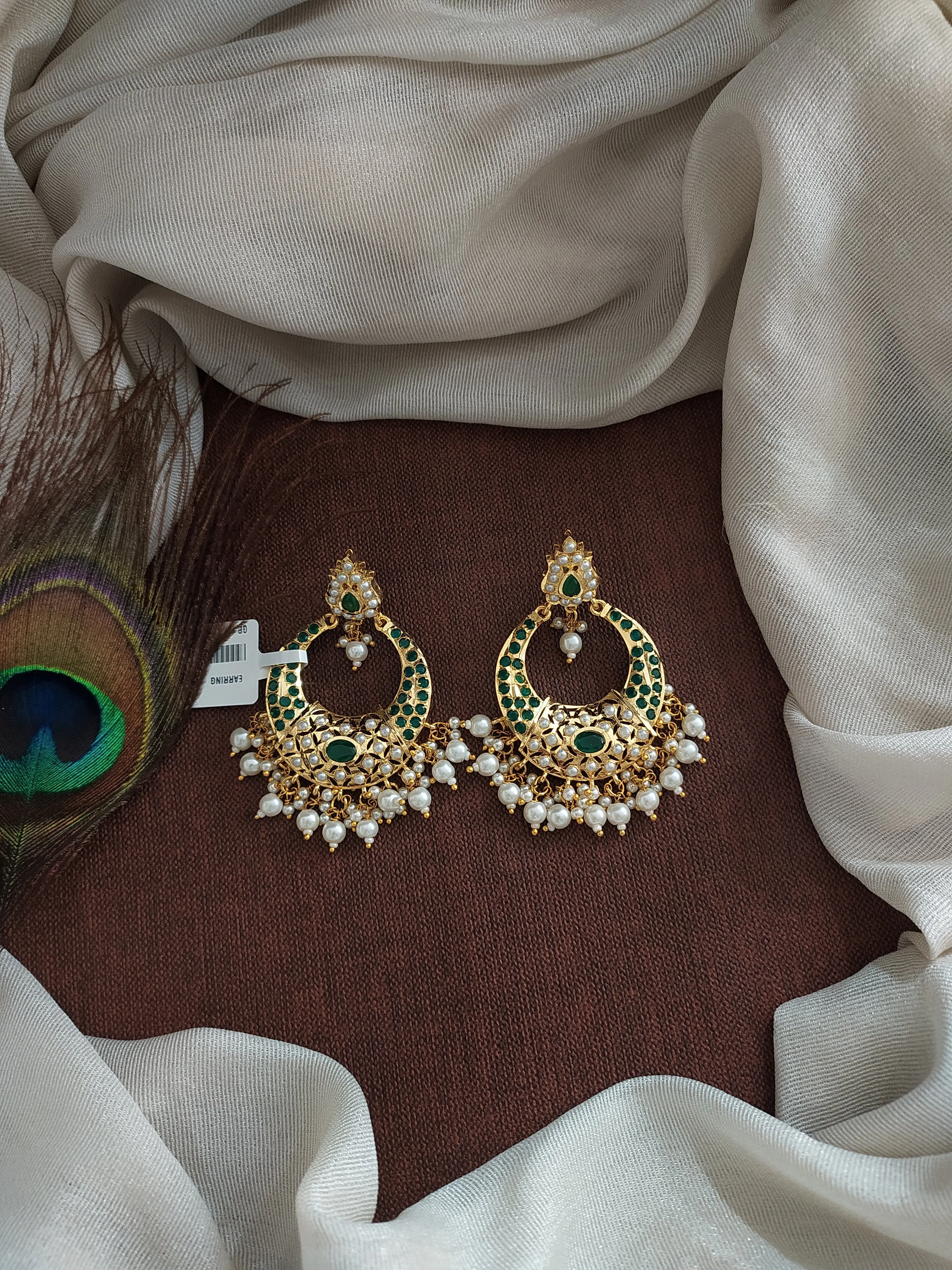 Nizami Chandbali Earrings in Navaratna, Red with Green, Pearls (White), Ruby, and Green