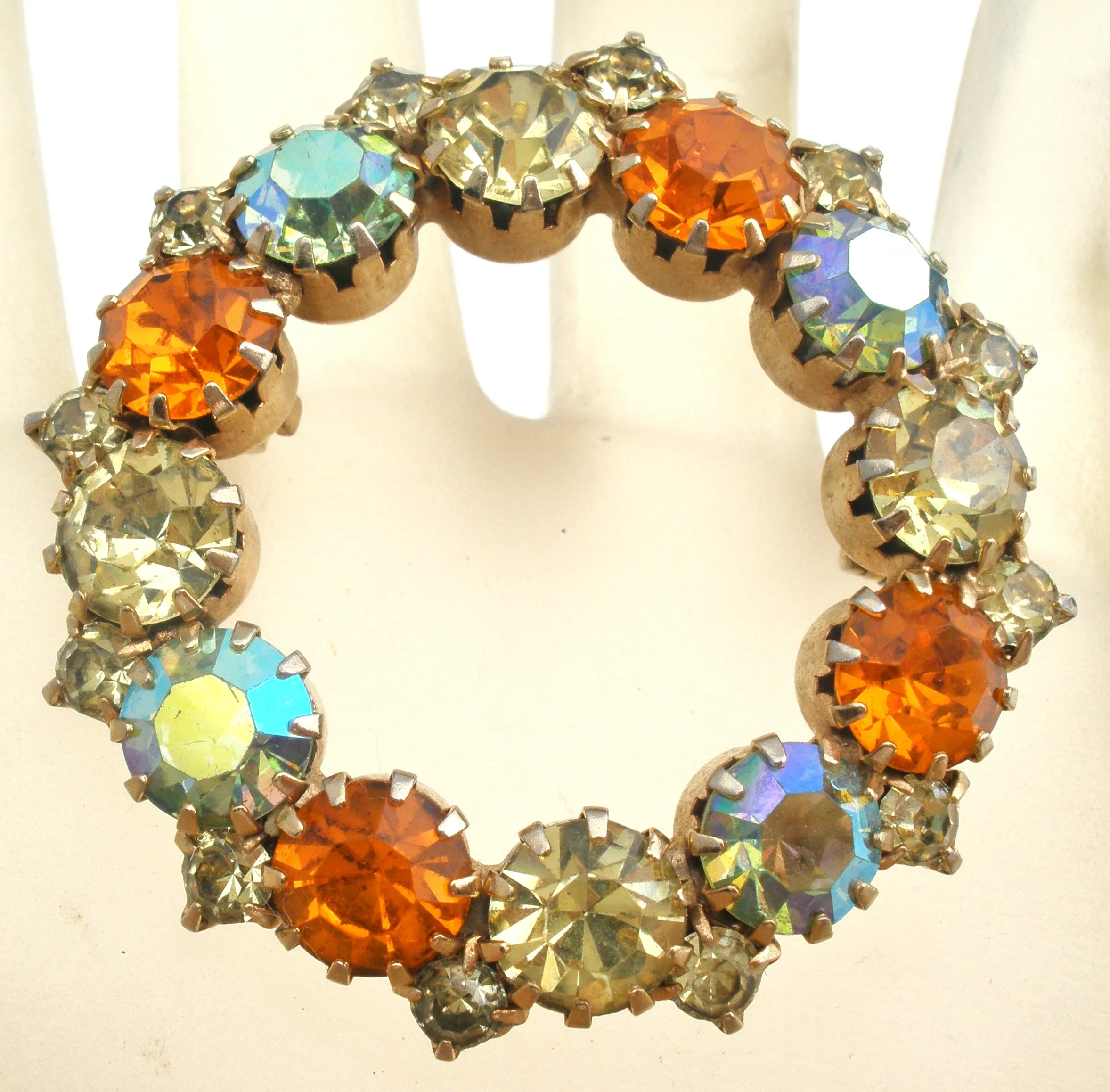 Orange & Gold Rhinestone Wreath Brooch Vintage