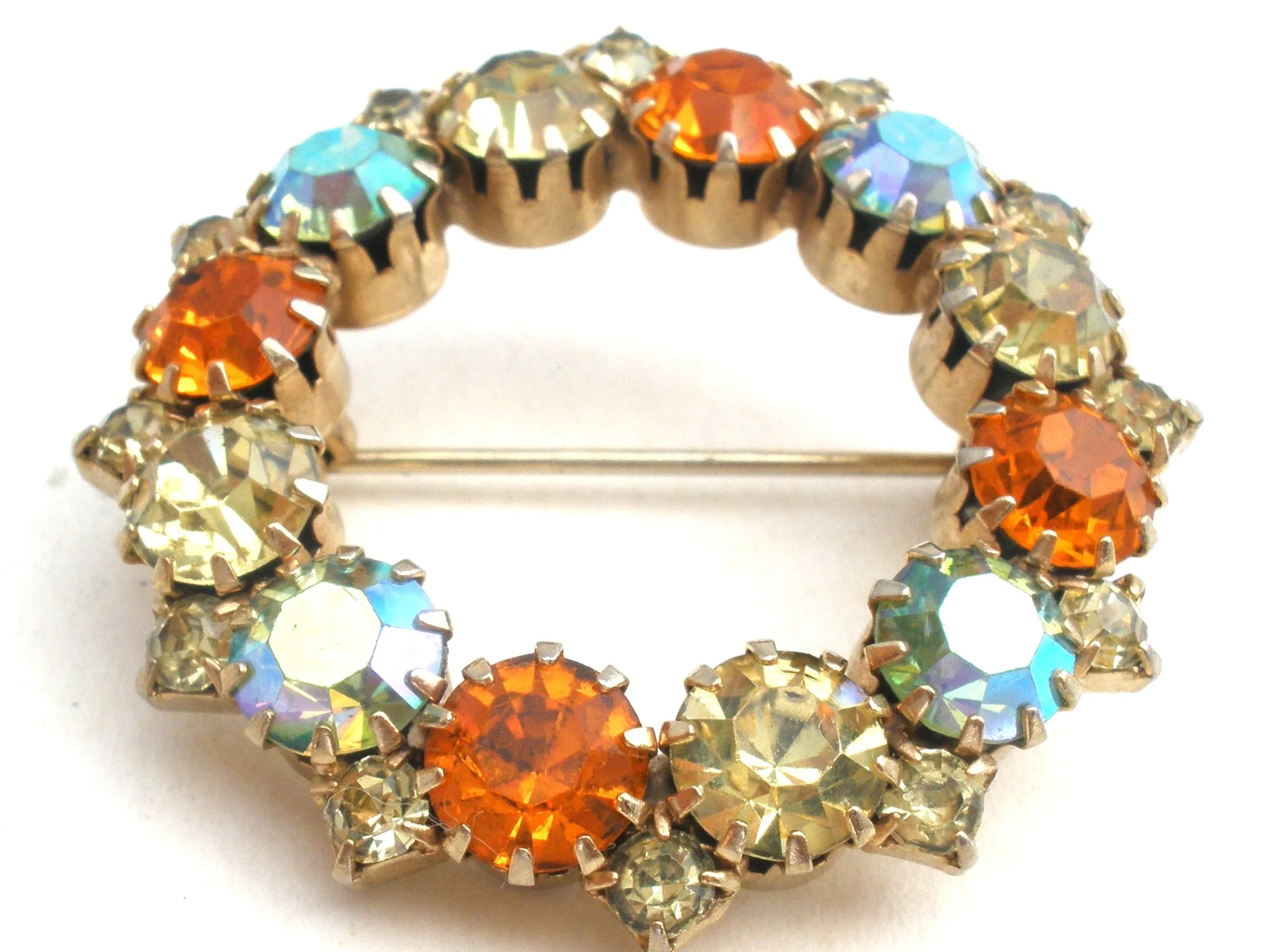 Orange & Gold Rhinestone Wreath Brooch Vintage