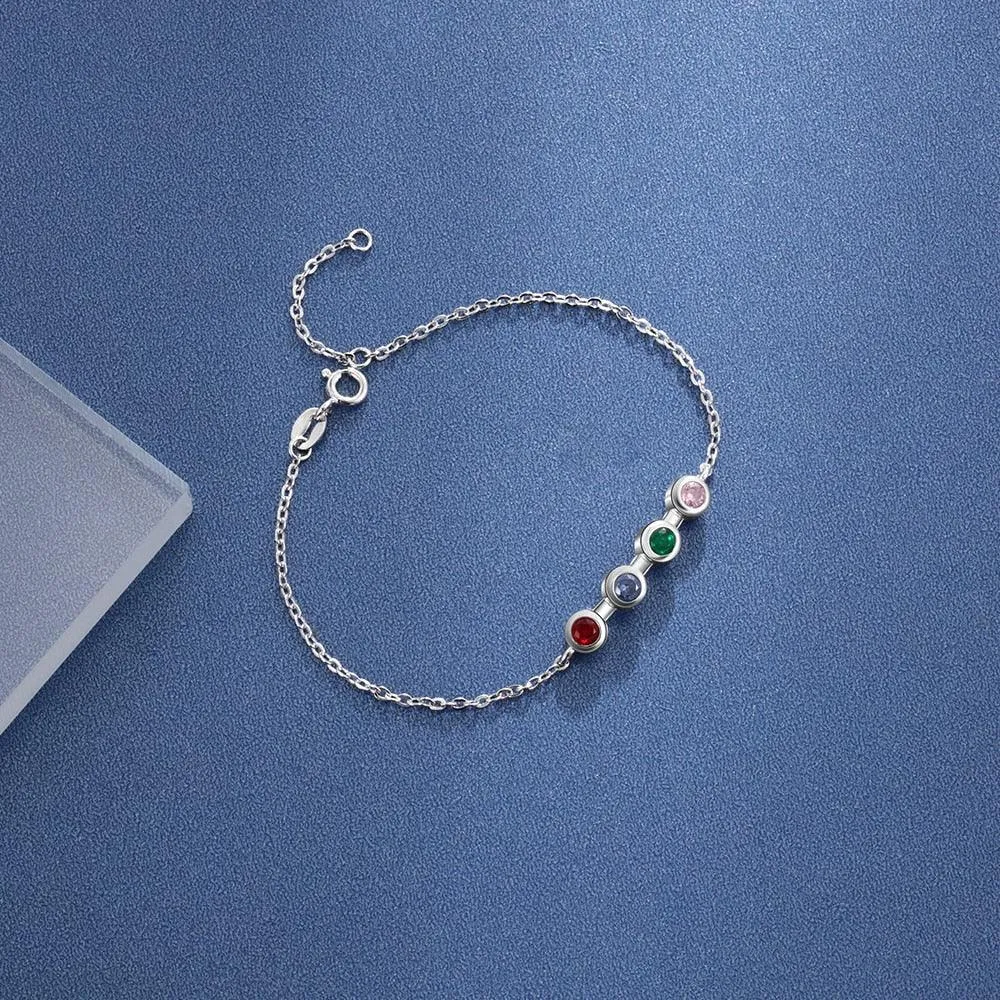 Personalized Mother Bracelet with 4 Round Zircon Birthstones, Customized Jewelry bangles for Women