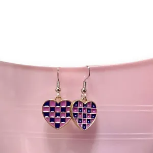 Pink and Purple Checkered Heart Earrings