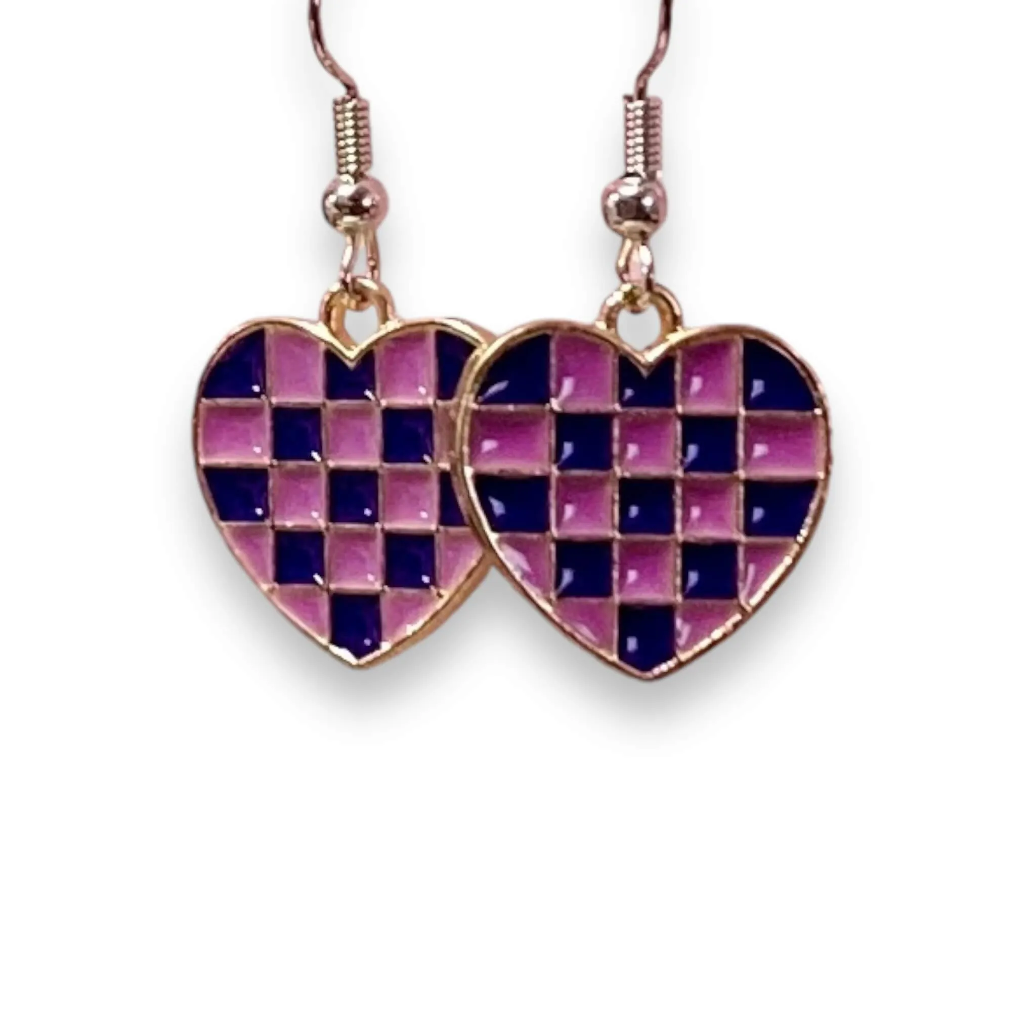 Pink and Purple Checkered Heart Earrings