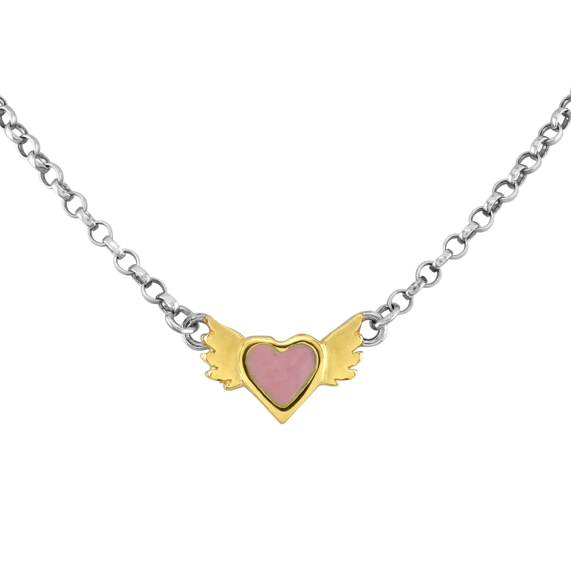 Pink Enamel Winged Heart Necklace