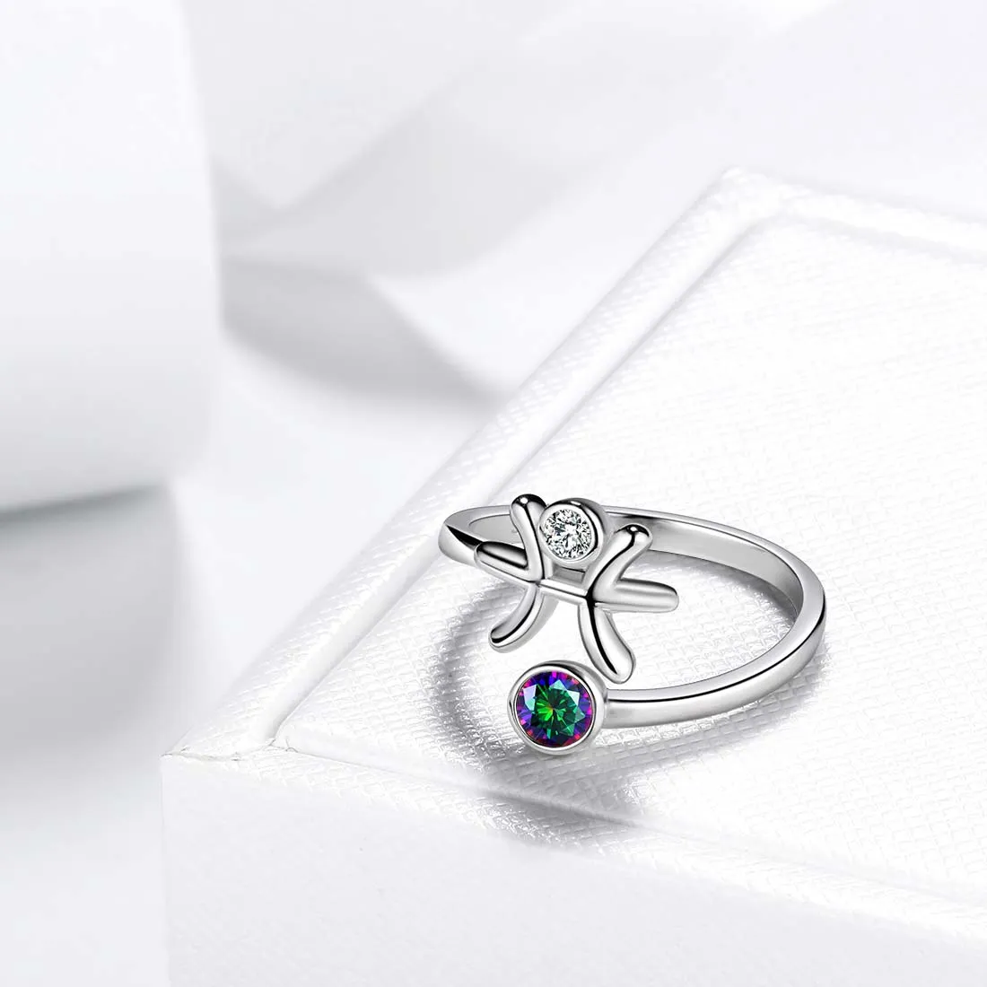 Pisces Zodiac Rings Women Girls Jewelry Birthday Gift Mystic Topaz 925 Silver