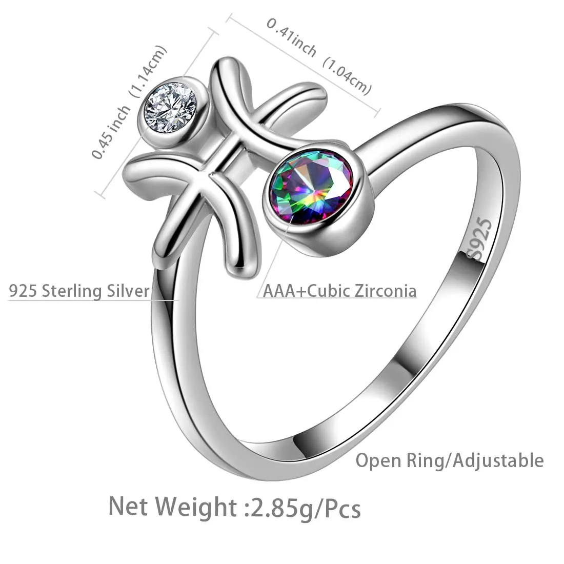 Pisces Zodiac Rings Women Girls Jewelry Birthday Gift Mystic Topaz 925 Silver