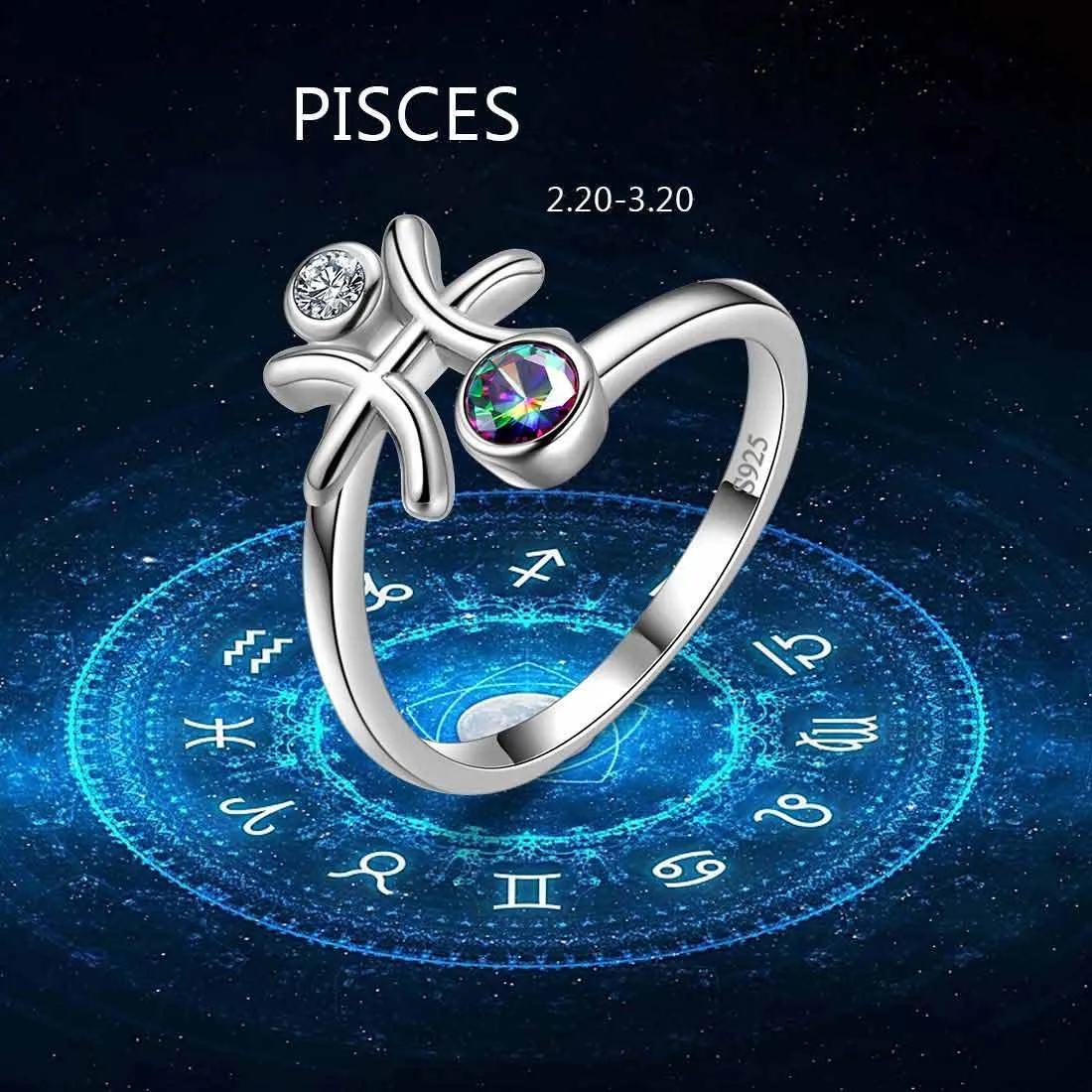 Pisces Zodiac Rings Women Girls Jewelry Birthday Gift Mystic Topaz 925 Silver