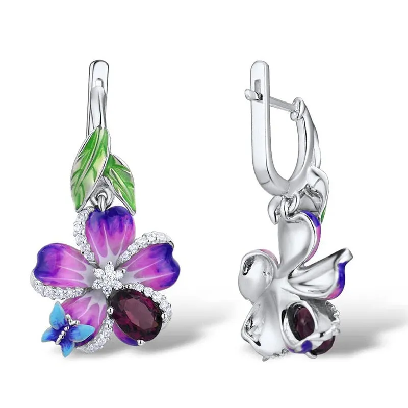 Purple Flower and Butterfly Enamel Hoop Earrings for Women with Zircon in 925 Sterling Silver