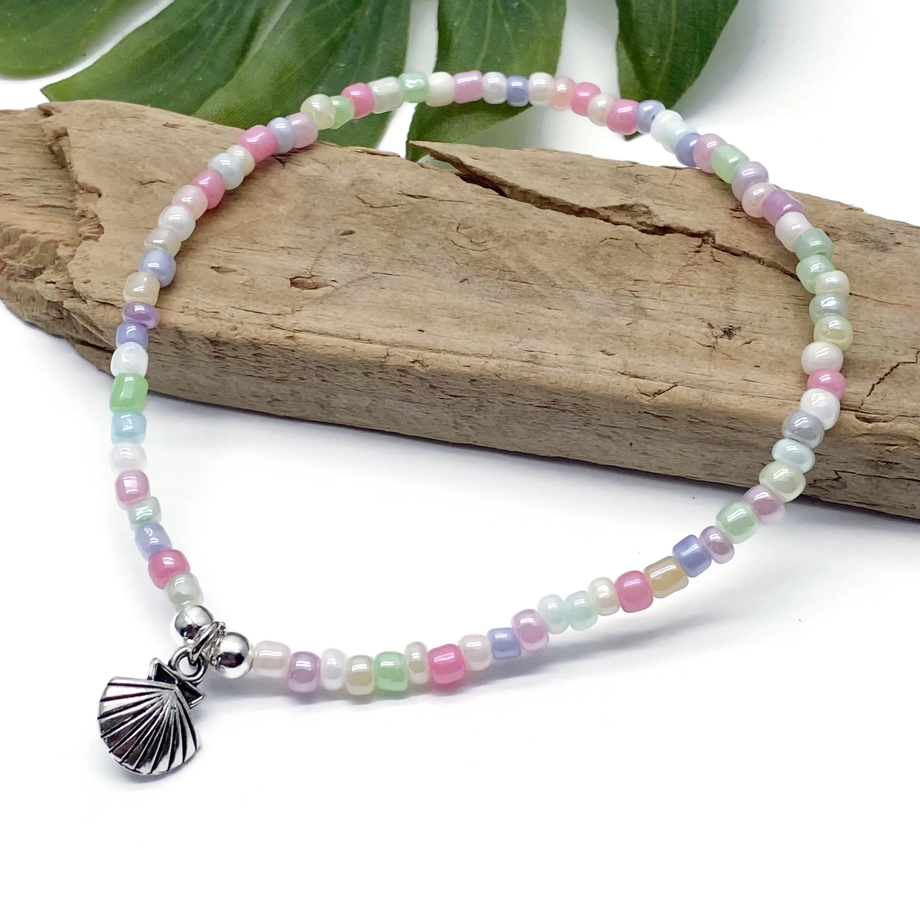 Shell Charm Pale Pastel Seed Bead Anklet