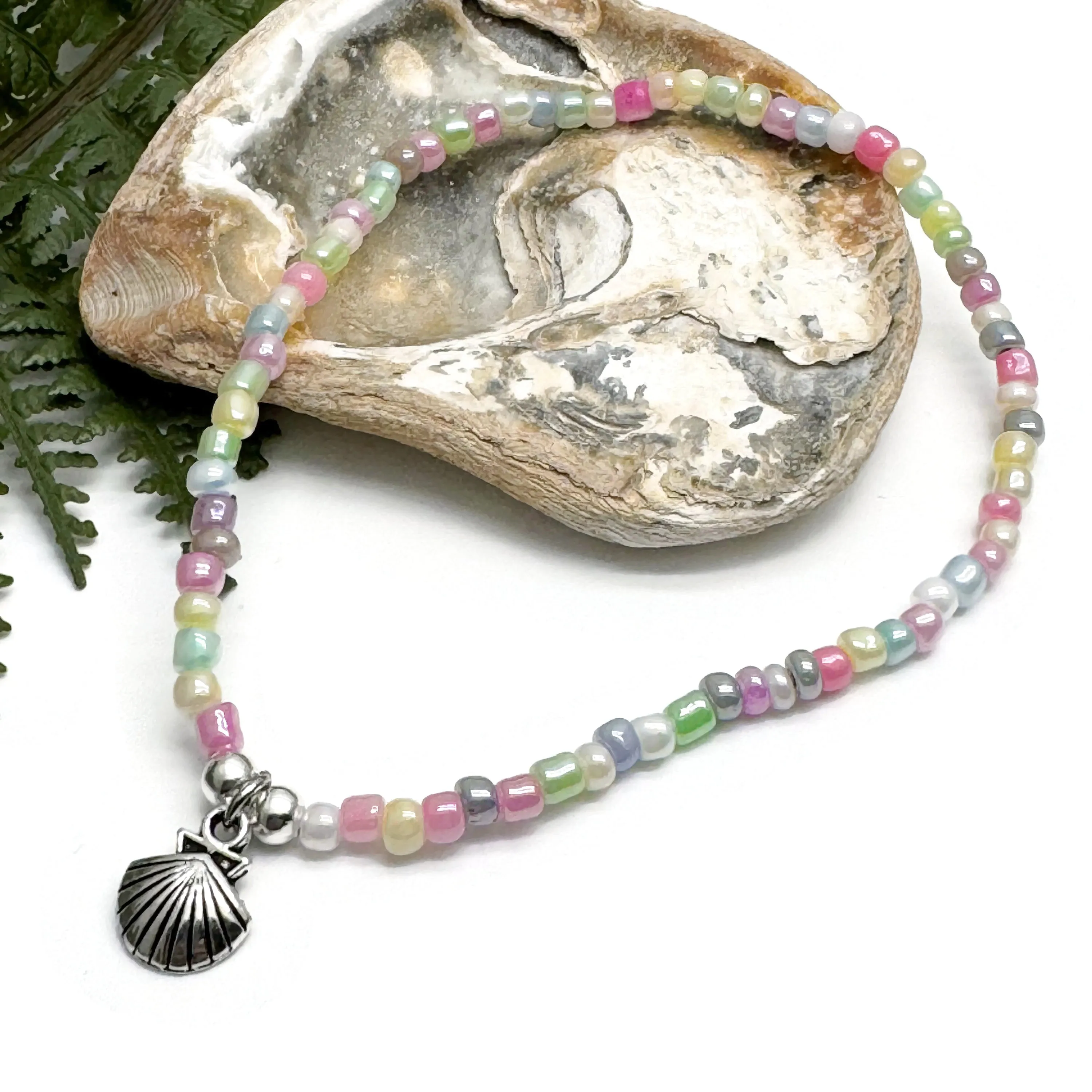 Shell Charm Pale Pastel Seed Bead Anklet