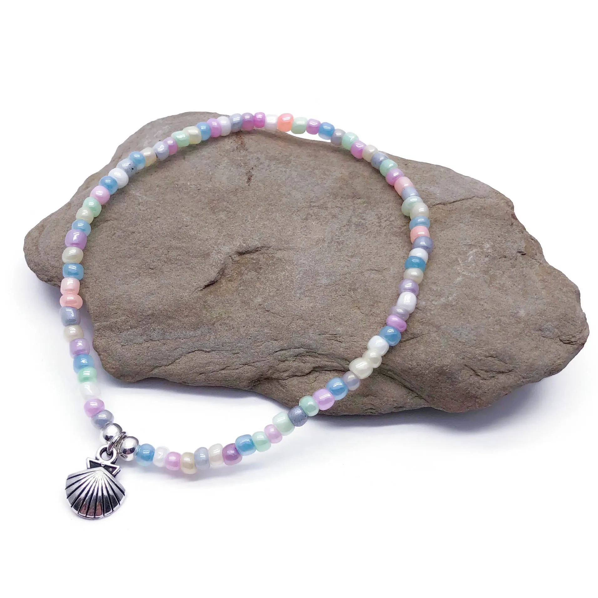 Shell Charm Pale Pastel Seed Bead Anklet