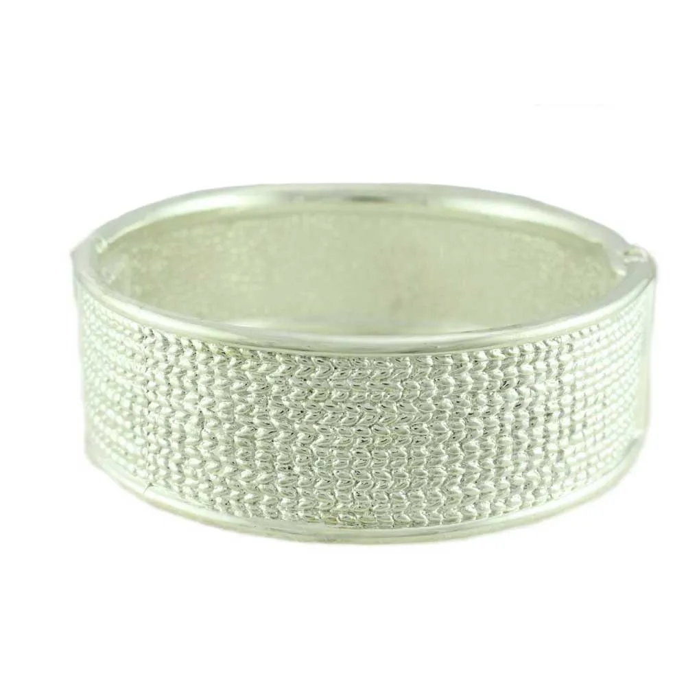 Shiny Silver-tone Textured Hinged Bangle - BG720S