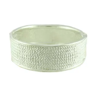 Shiny Silver-tone Textured Hinged Bangle - BG720S