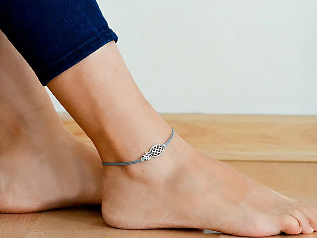 Silver pineapple anklet, gray cord ankle bracelet, handmade gift for her