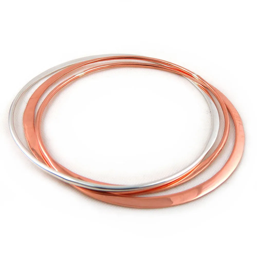 Solid Polished Copper and 925 Silver Handmade Triple Hoop Bangle