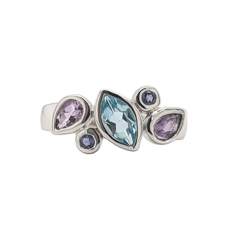 Sterling Silver Blue Topaz, Iolite & Amethyst Bezel Set Ring