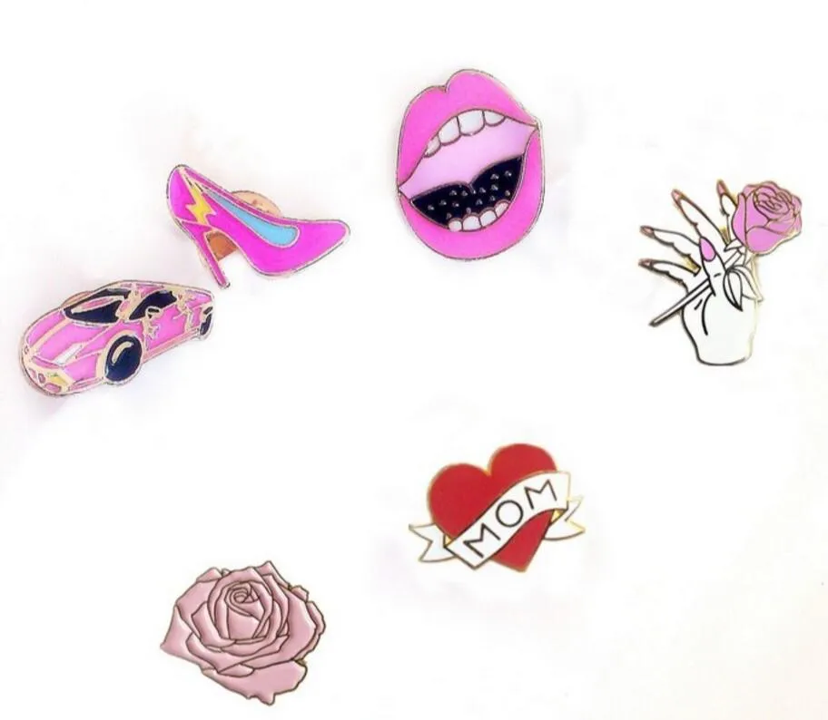 Timlee X117 Cartoon Cute Love Mom Heart Car Rose flower Red Lip High Heel Shoe Metal Brooch Pins Button Pins Girl Gift Wholesale