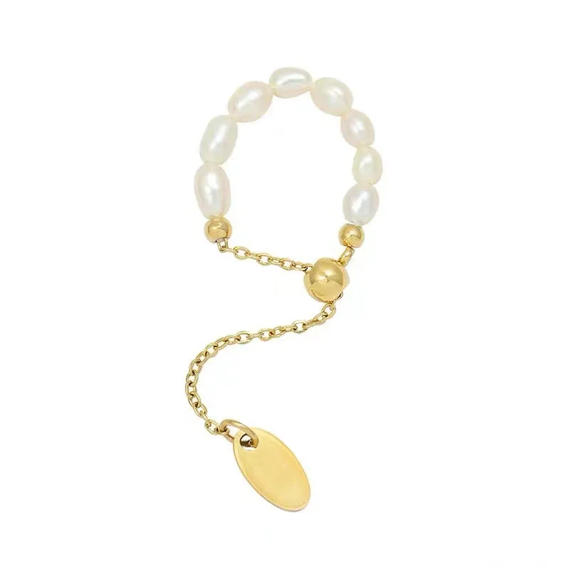 VAIGE Elegant Gold Pearl Chain Adjustable Ring with Freshwater Pearls