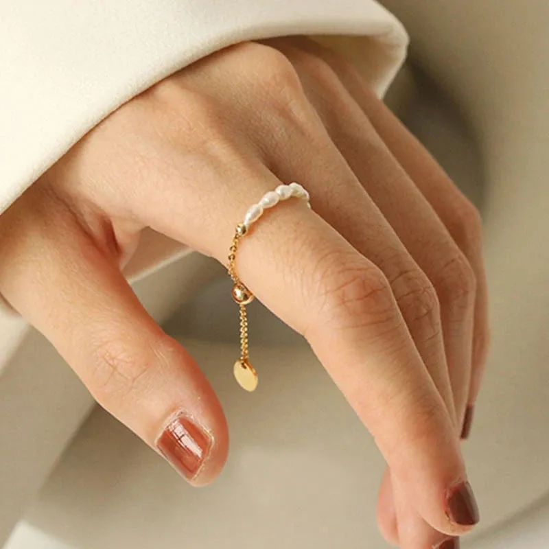 VAIGE Elegant Gold Pearl Chain Adjustable Ring with Freshwater Pearls