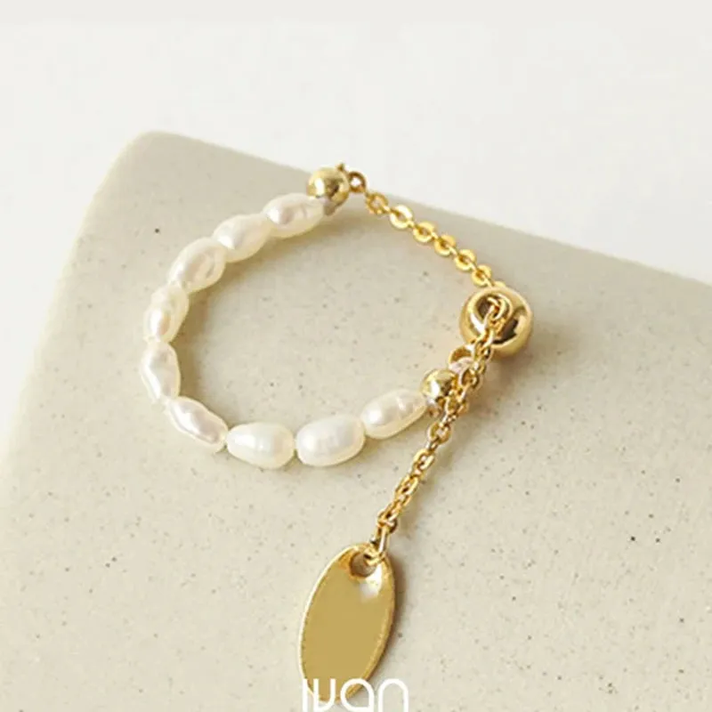 VAIGE Elegant Gold Pearl Chain Adjustable Ring with Freshwater Pearls