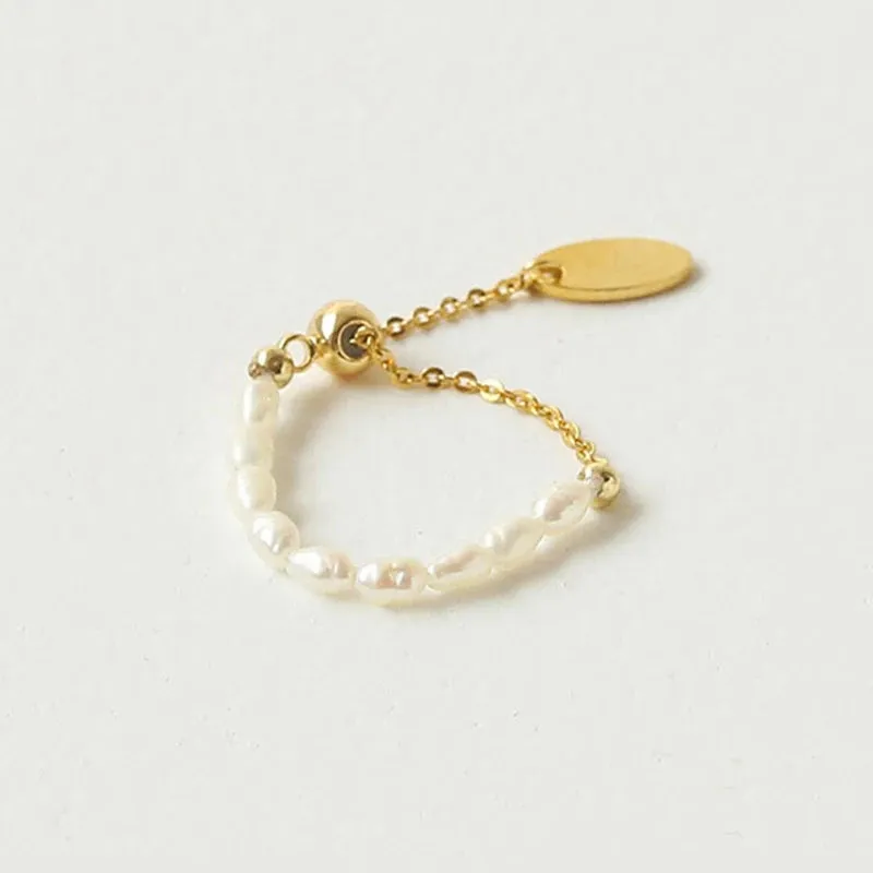 VAIGE Elegant Gold Pearl Chain Adjustable Ring with Freshwater Pearls