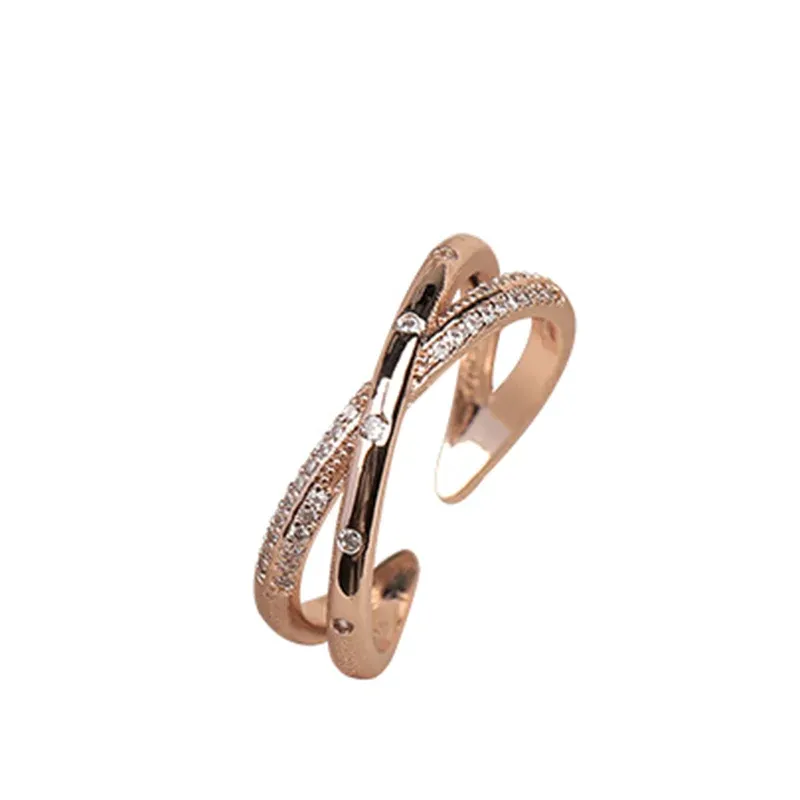 VAIGE Elegant Rose Gold Adjustable Zircon Ring with Classic Fashion Design, 1.7CM Size, Zinc Alloy and Water Drill Material