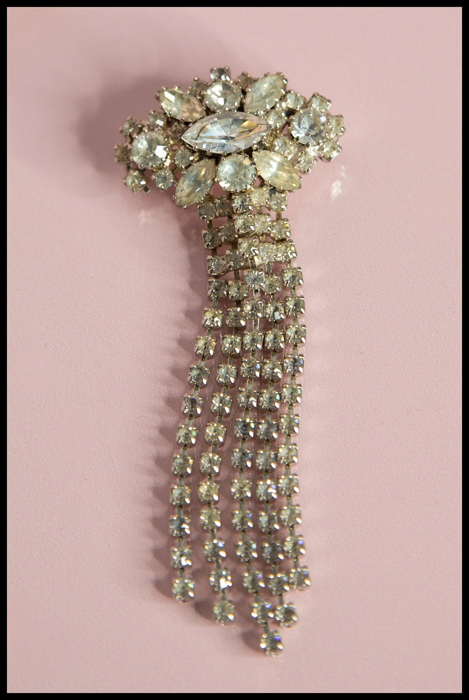 Vintage 1950s Large Rhinestone Tassel Brooch