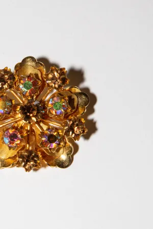 Vintage 1960s Gold Crystal Flower Brooch