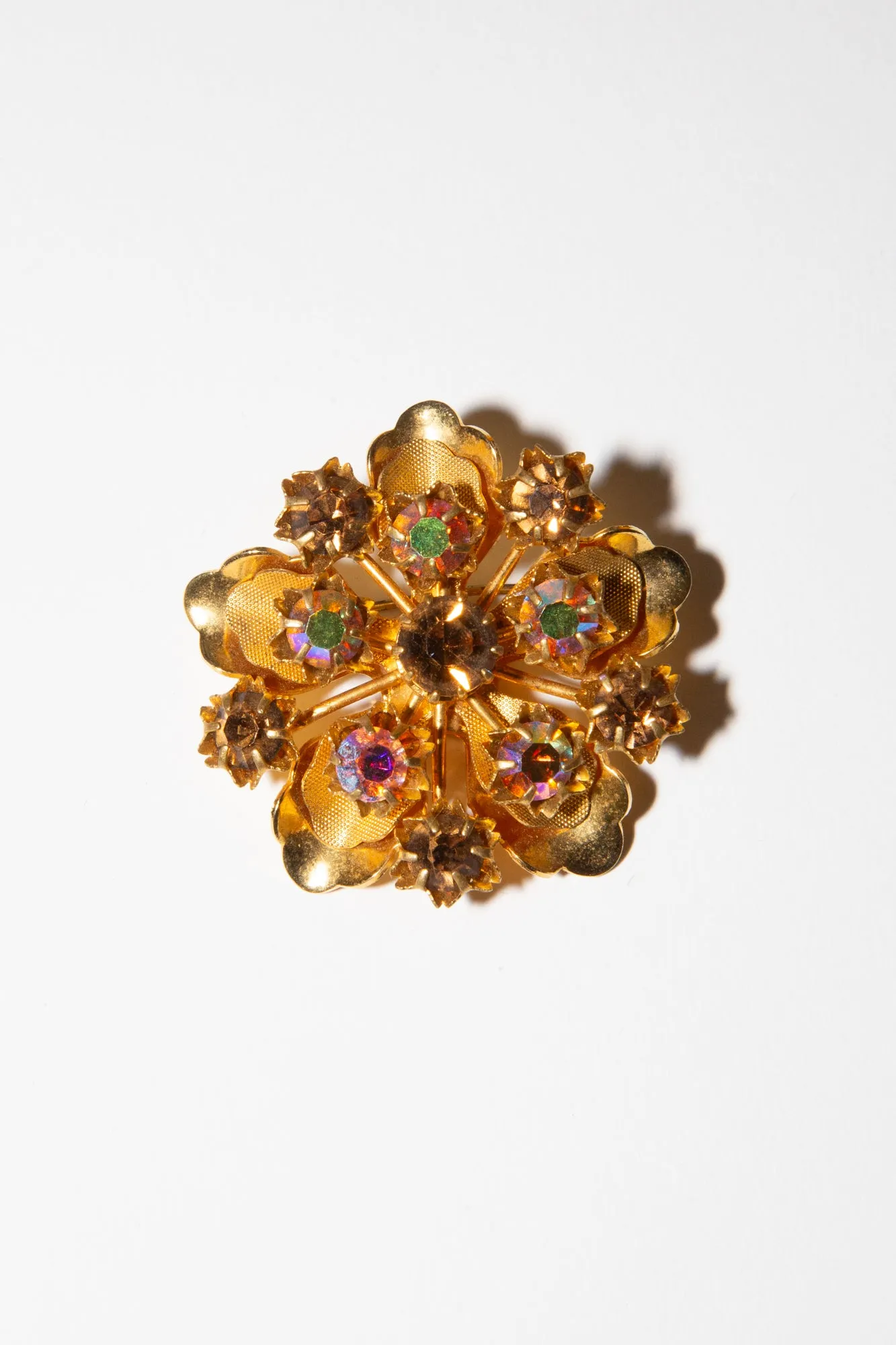 Vintage 1960s Gold Crystal Flower Brooch