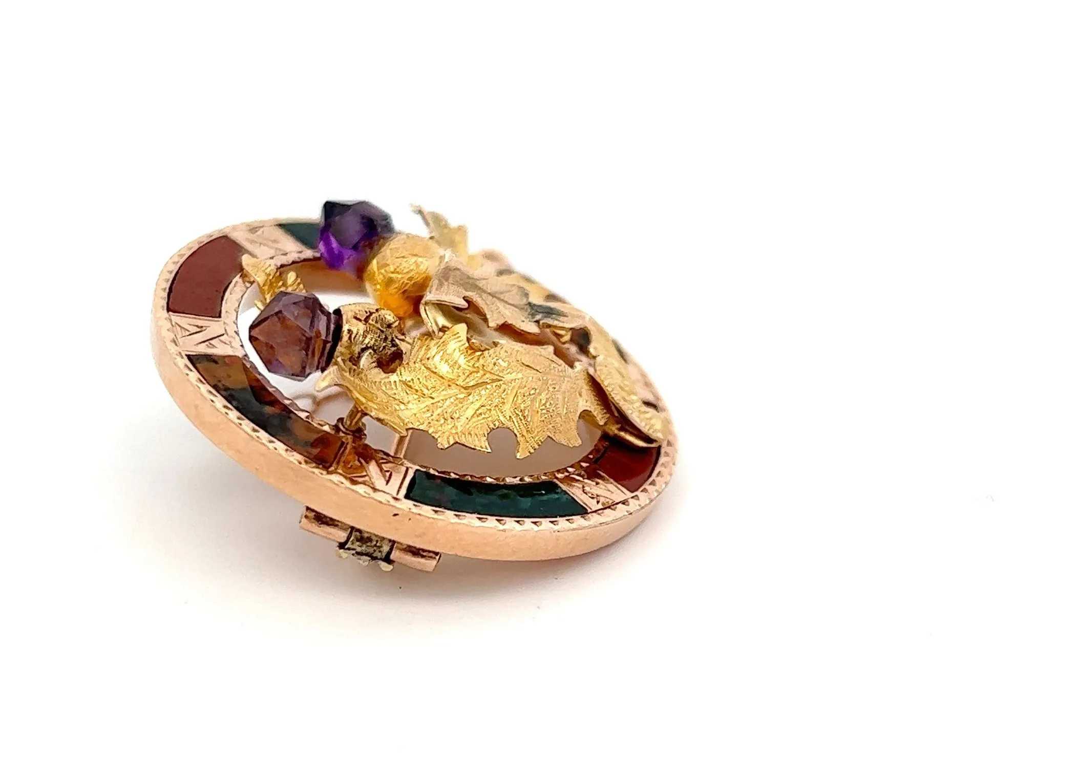 Vintage 9ct Yellow Gold Amethyst, Agate & Jasper Brooch with Leaf Centre