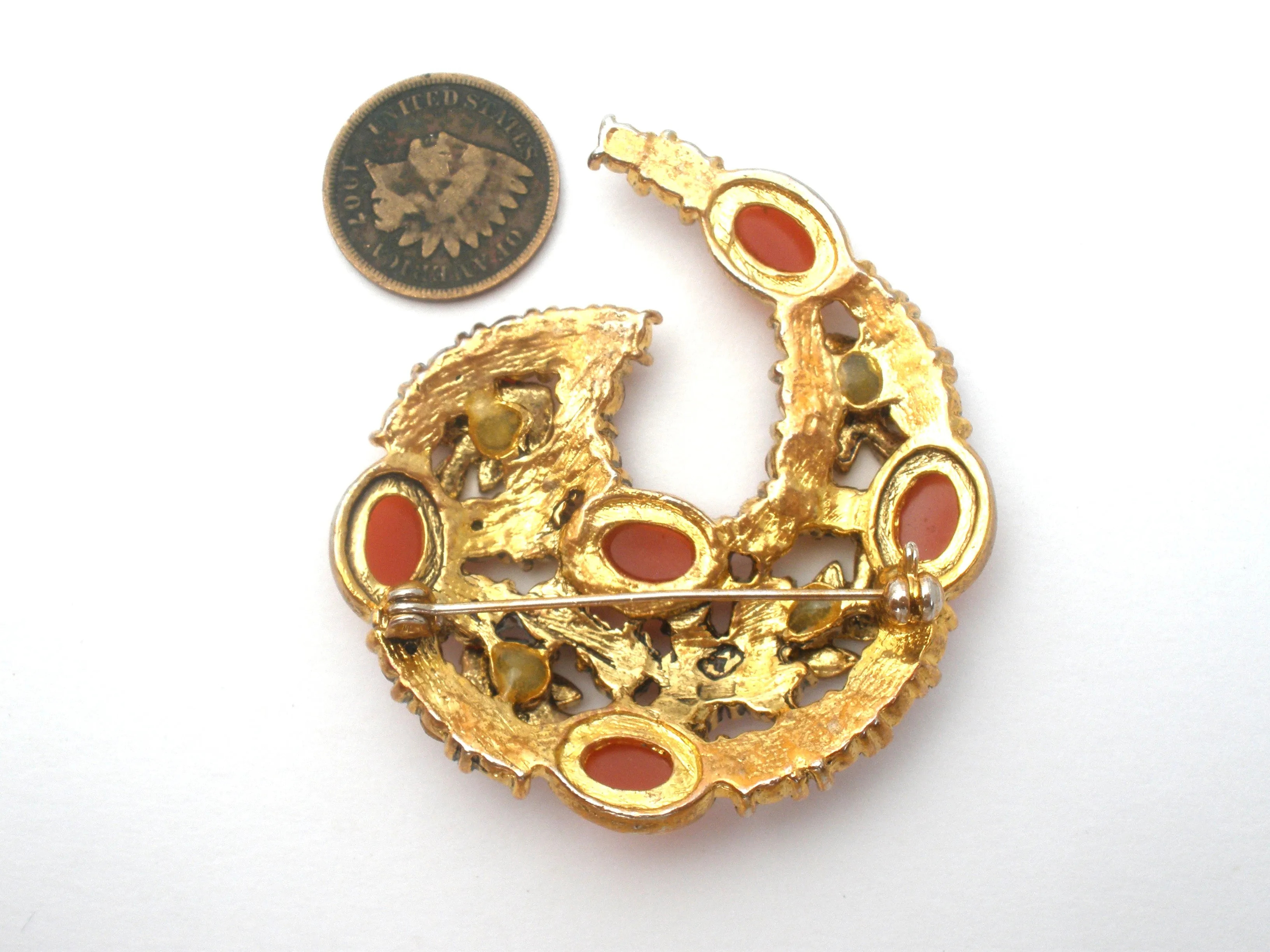 Vintage Brooch With Red Orange and Pink Rhinestones