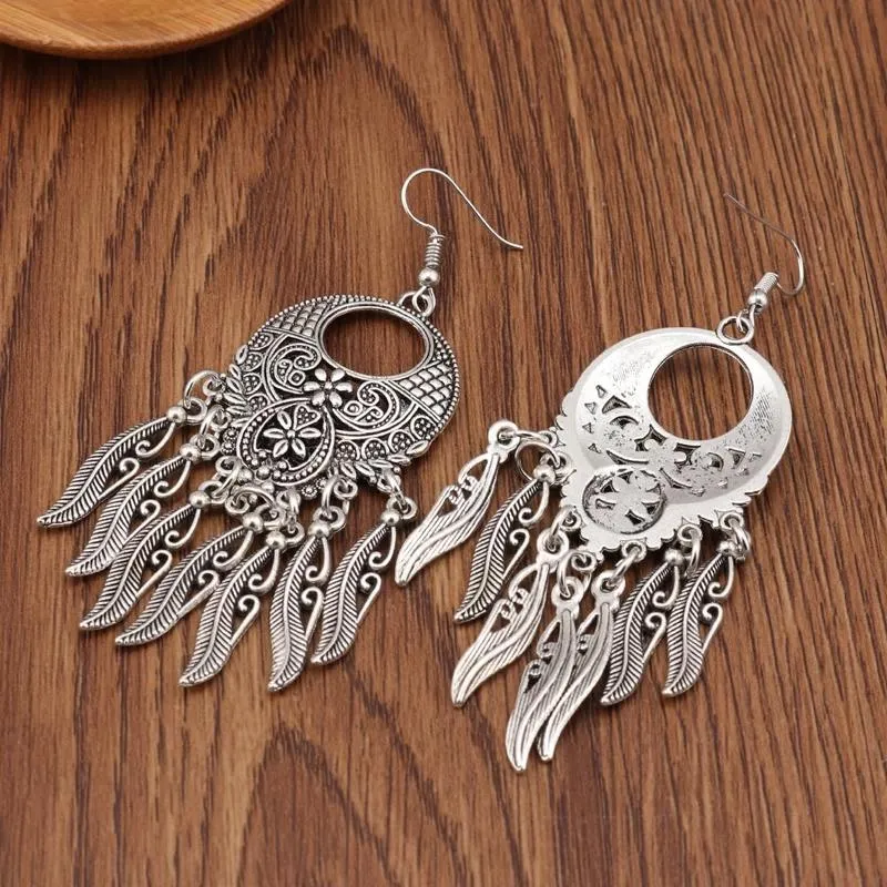 Vintage Silver Carved Leaves Tassel Drop Earrings