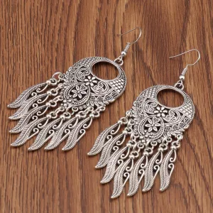 Vintage Silver Carved Leaves Tassel Drop Earrings