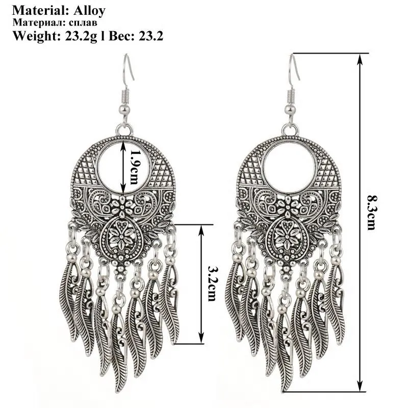 Vintage Silver Carved Leaves Tassel Drop Earrings