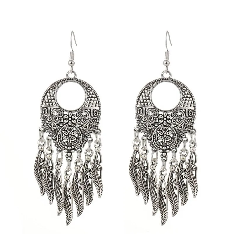 Vintage Silver Carved Leaves Tassel Drop Earrings